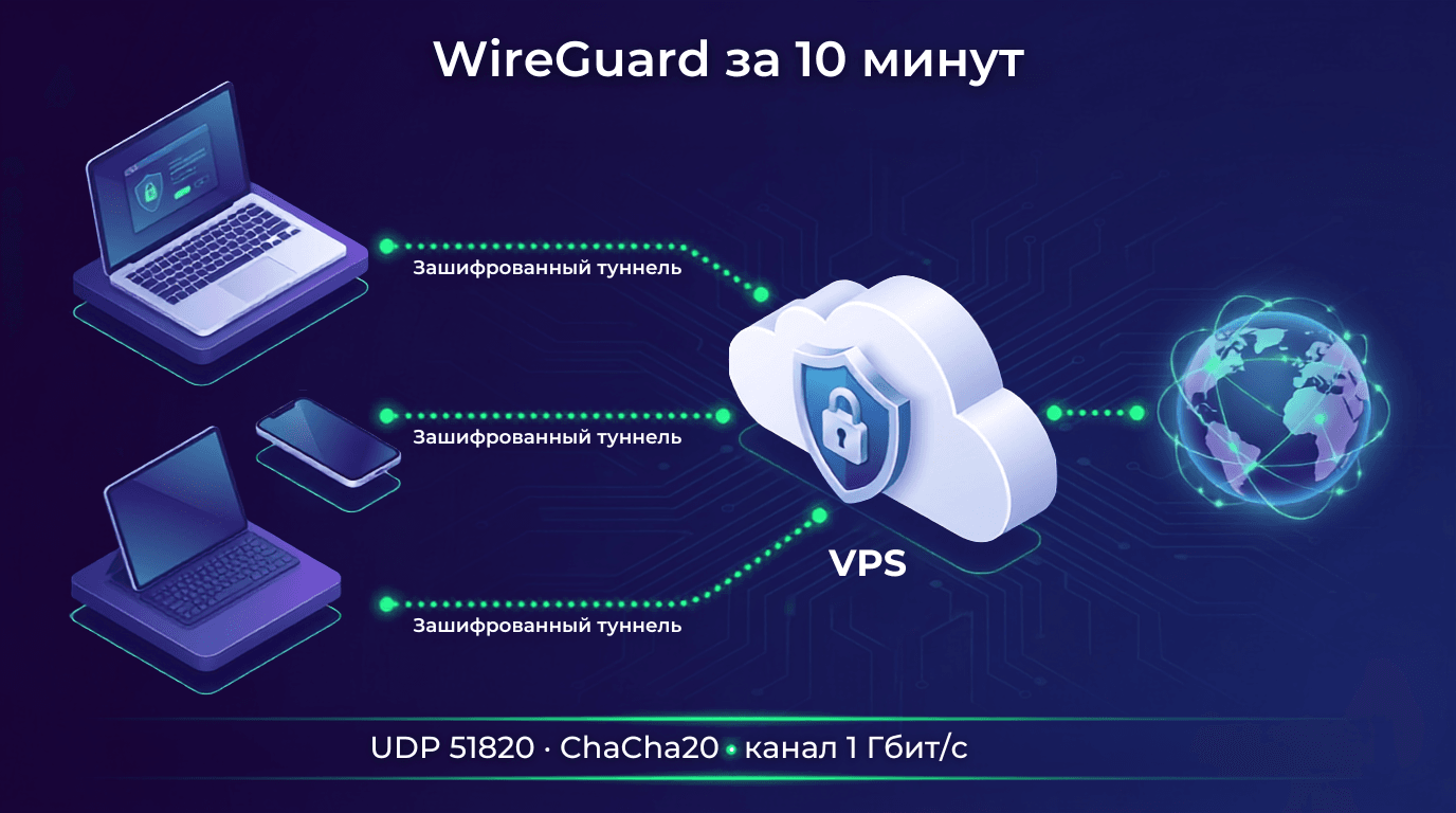 WireGuard за десять минут: зашифрованные туннели от ноутбуков и телефона к своему VPS, порт UDP 51820, шифр ChaCha20, канал 1 Гбит/с