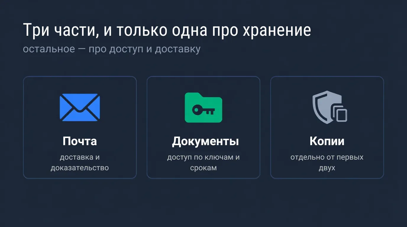 Три роли инфраструктуры юрфирмы: почта на домене, документы с доступом по ключам и копии отдельно от них
